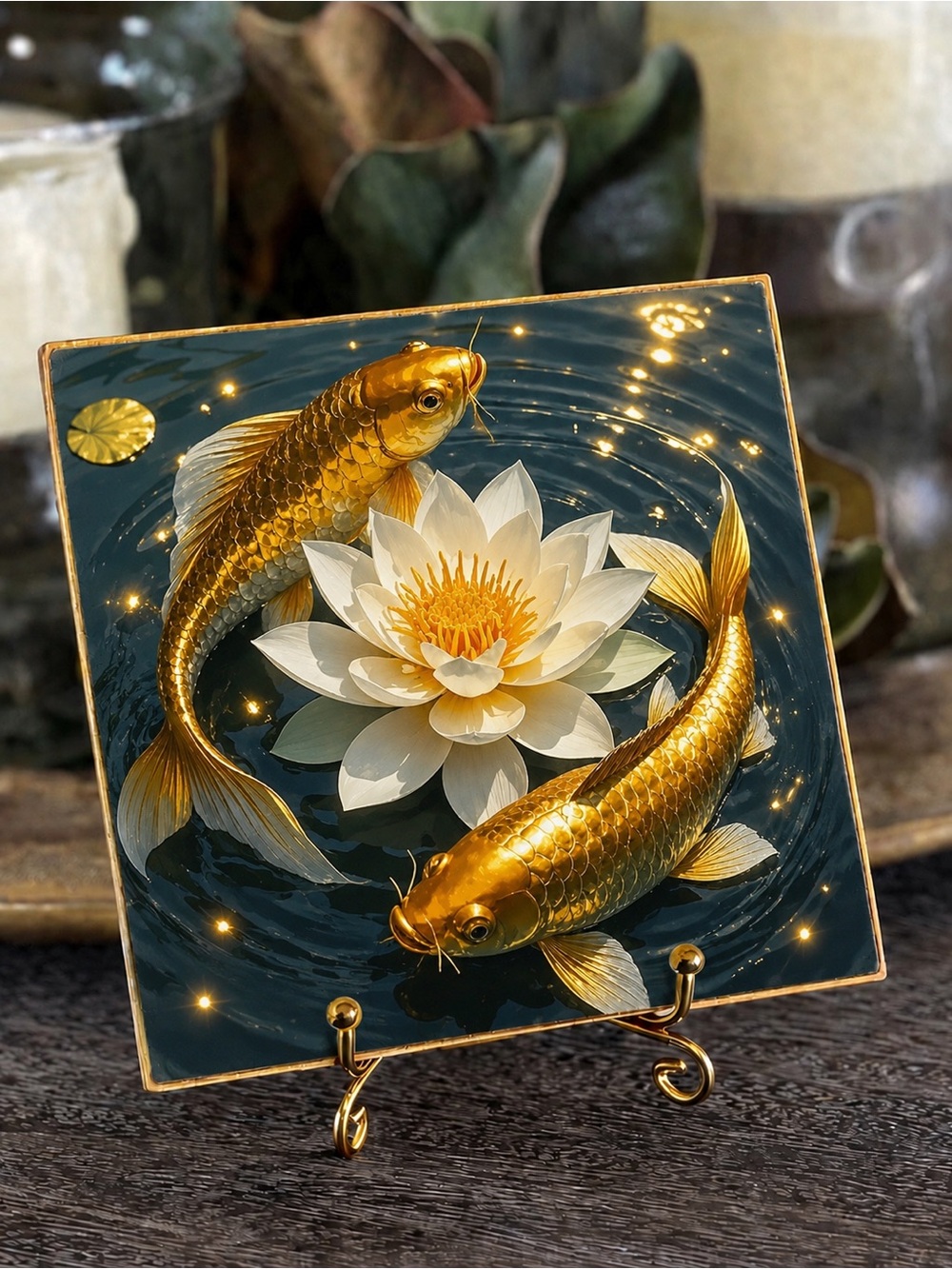 Hand Crafted Gold Koi Fish Ceramic Coaster 4”